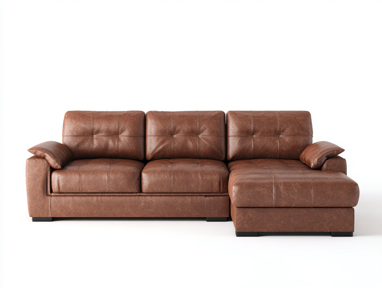 Canapé d'angle - Similicuir-Bois - 258x160x86 cm - Marron noisette - Contemporain