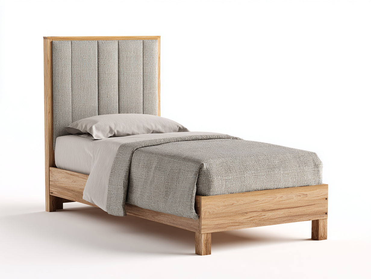 Lit simple - Bois-Tissu - 206x99x115 cm - Naturel-Gris - Contemporain