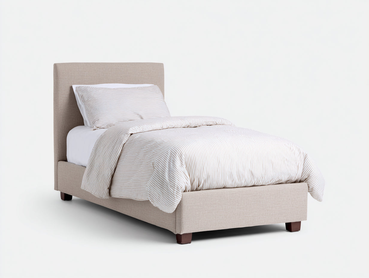 Lit simple - Tissu-Bois - 206x99x103 cm - Taupe-Marron - Contemporain
