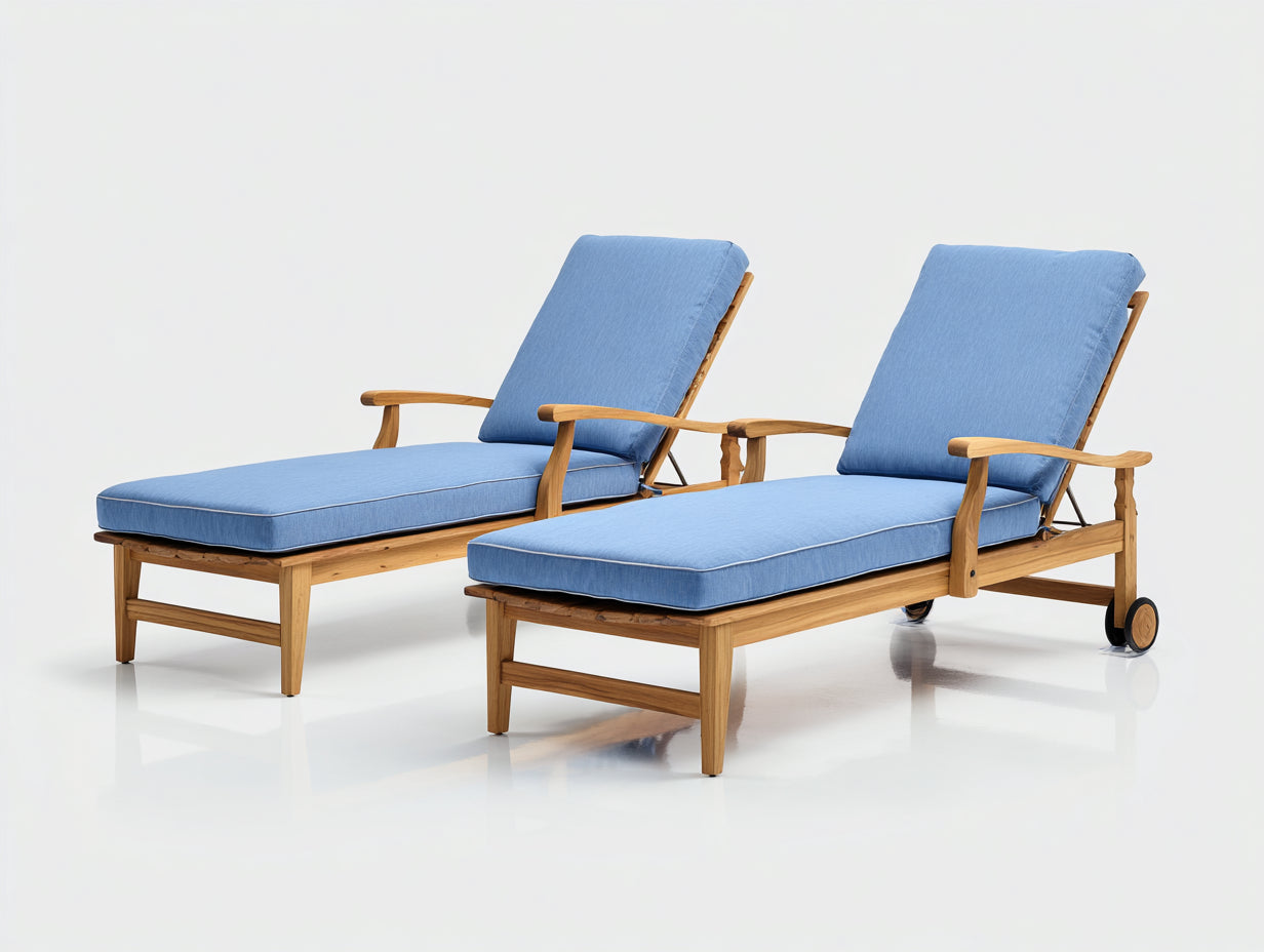 Bain de soleil - Bois-Tissu - 199x65x88 cm - Naturel-Bleu clair - Réglable à roulettes