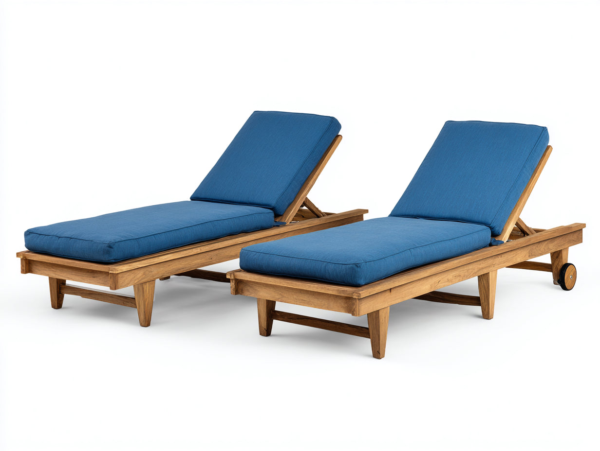 Bain de soleil - Bois-Tissu - 200x64x86 cm - Naturel-Bleu - Réglable à roulettes