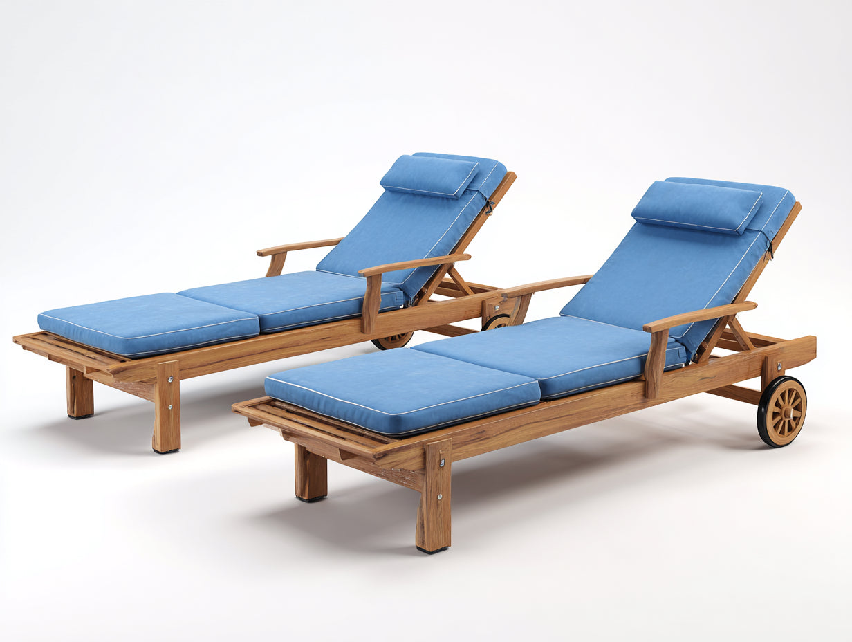 Bain de soleil - Bois-Tissu - 202x66x90 cm - Naturel-Bleu clair - Réglable avec coussin