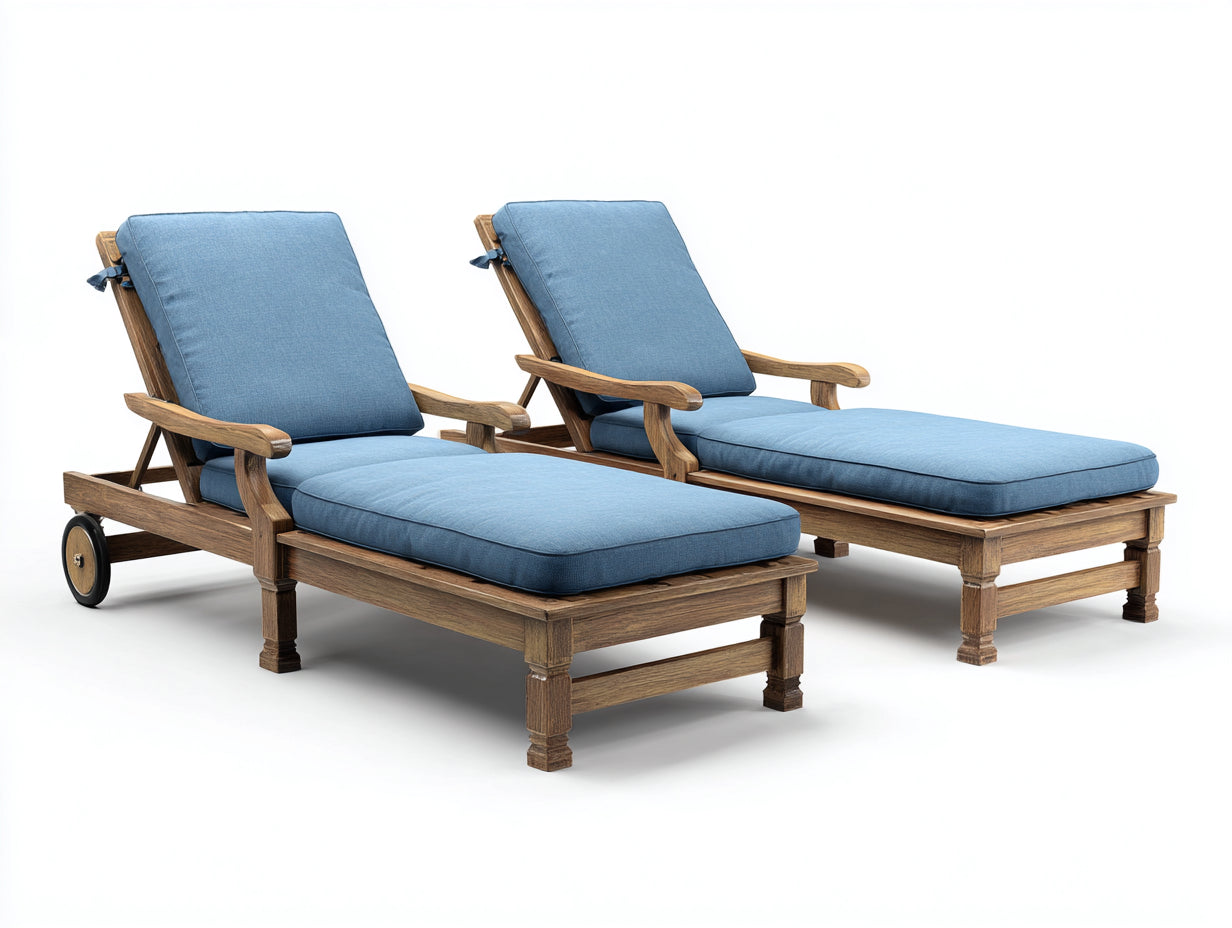 Bain de soleil - Bois-Tissu - 201x67x89 cm - Naturel-Bleu clair - Réglable avec accoudoirs