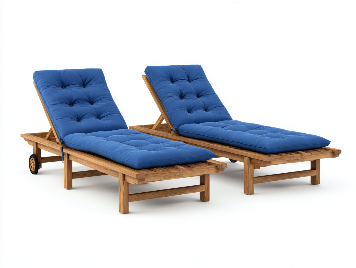 Bain de soleil - Bois-Tissu - 201x65x90 cm - Naturel-Bleu - Matelassé réglable
