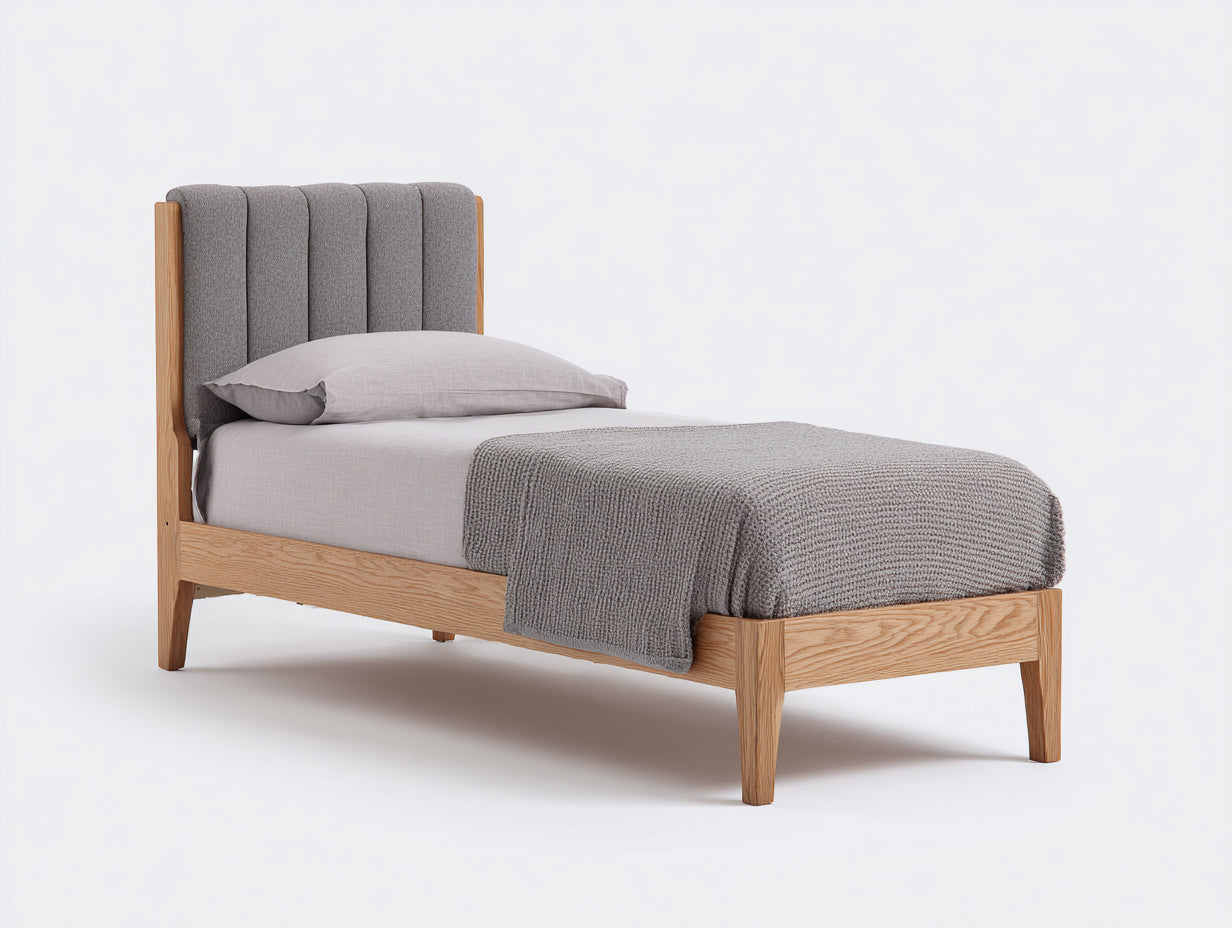 Lit simple - Bois-Tissu - 204x97x105 cm - Naturel-Gris - Scandinave