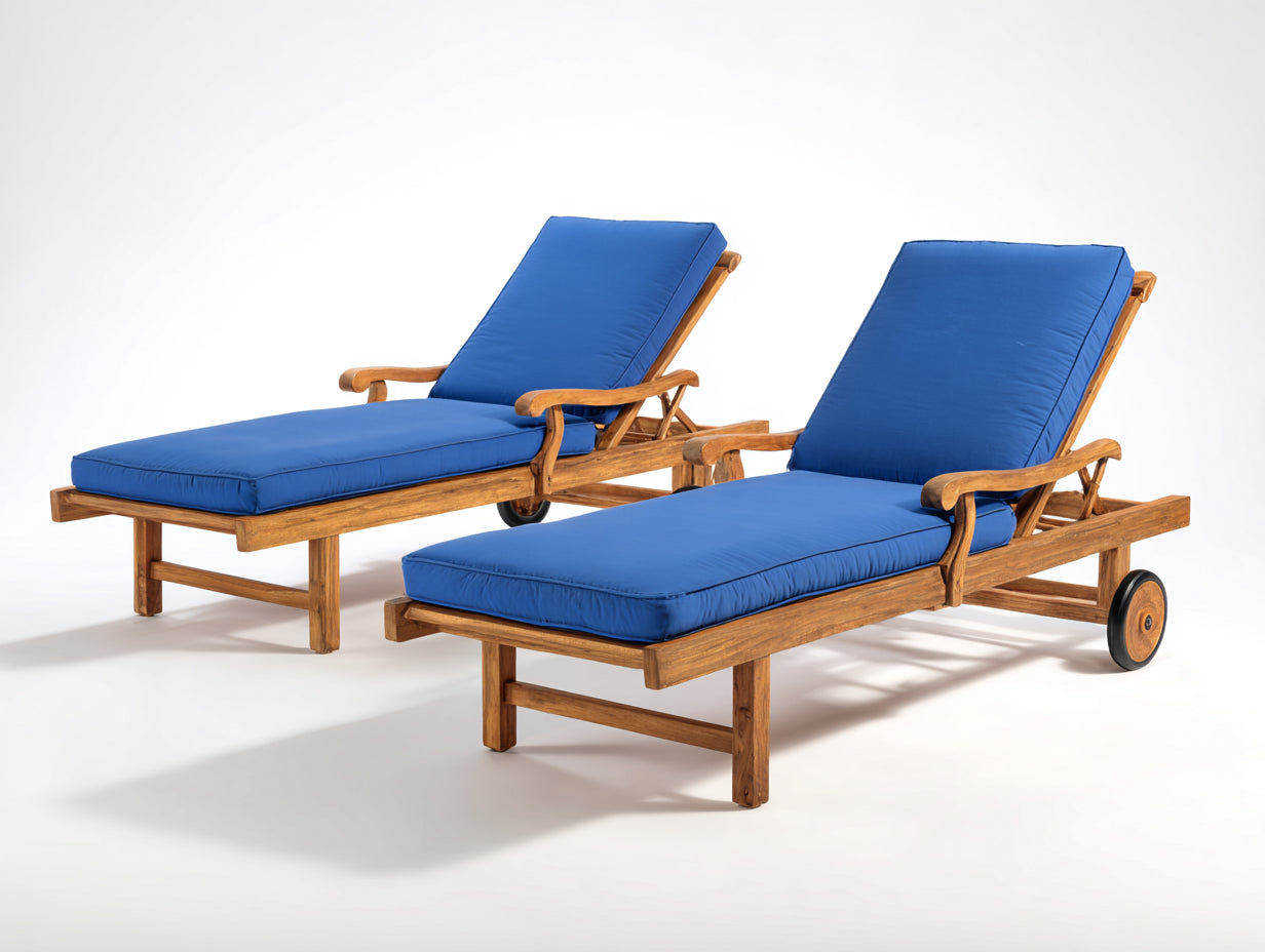 Bain de soleil - Bois-Tissu - 200x65x92 cm - Naturel-Bleu - Réglable à roulettes