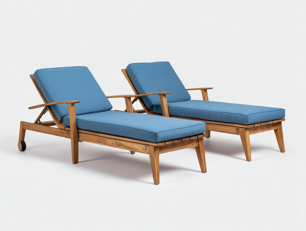 Bain de soleil - Bois-Tissu - 199x65x87 cm - Naturel-Bleu - Réglable avec accoudoirs