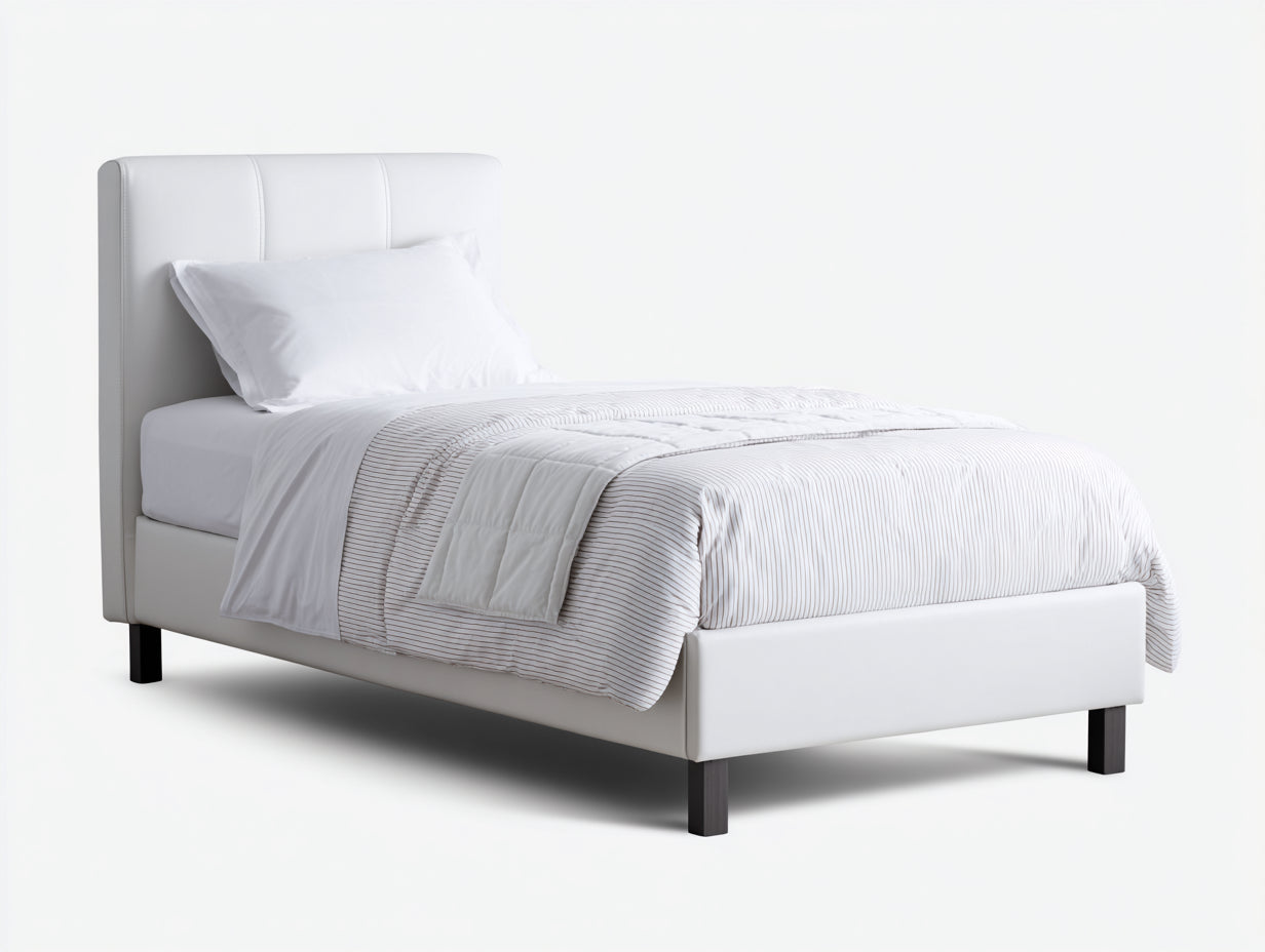 Lit simple - Similicuir-Bois - 205x98x108 cm - Blanc-Noir - Moderne