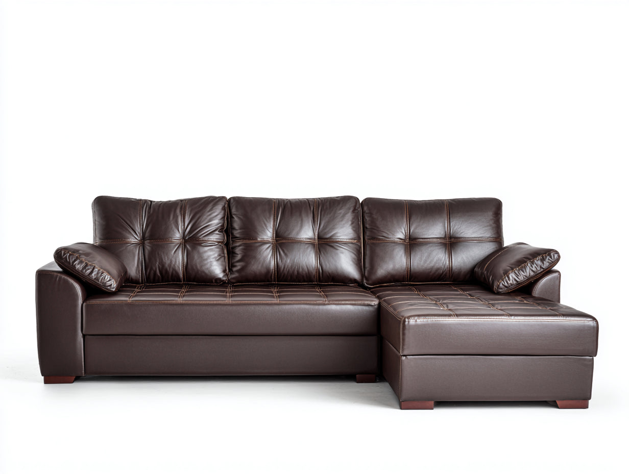 Canapé d'angle - Similicuir-Bois - 262x158x86 cm - Marron foncé - Contemporain