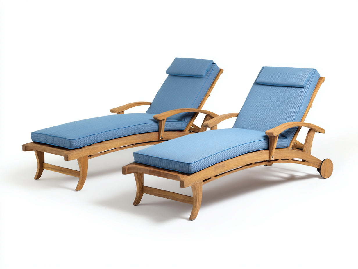 Bain de soleil - Bois-Tissu - 200x66x91 cm - Naturel-Bleu - Réglable à roulettes